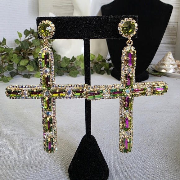 Statement Gold AB Cross Glam Earrings - Picture 3 of 11